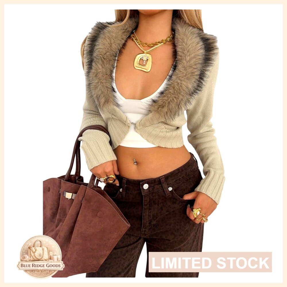 Faux Fur Cardigan Sweater Fuzzy Long Sleeve Y2K Party Crop Outerwear Chic